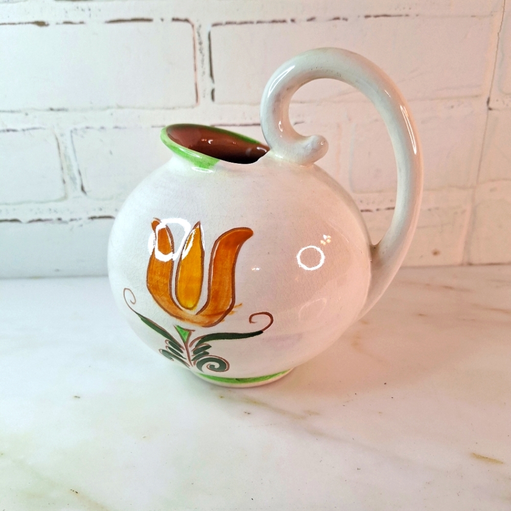 Vintage Stangl Pottery 6.5" Beige Tulip Ball Pitcher with Swirl Handle